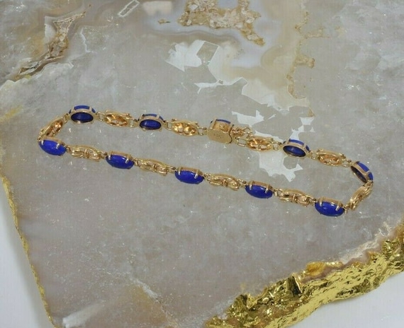14K YG Attractive Lapis Lazuli Bracelet with 10 S… - image 1