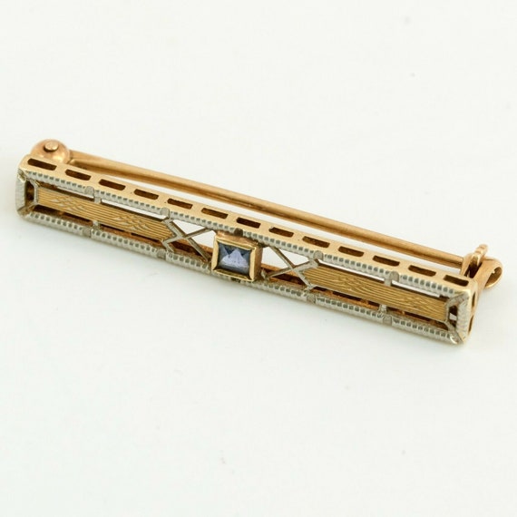 Art Deco 14K Yellow Gold Sapphire Bar Pin Circa 1… - image 2