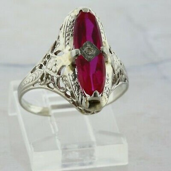 14K WG Deco Synthetic Ruby and Diamond Filigree R… - image 5