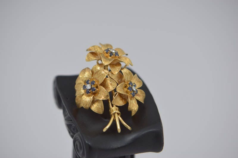 Tiffany & Co. 18k Yellow Gold Diamond and Sapphire Floral Brooch