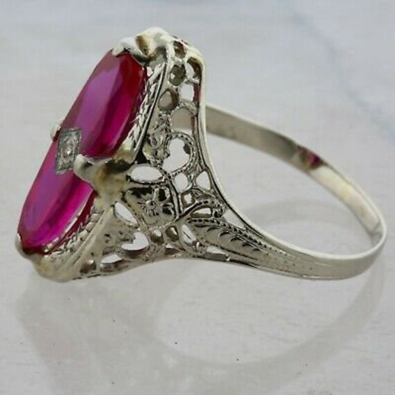 14K WG Deco Synthetic Ruby and Diamond Filigree R… - image 3