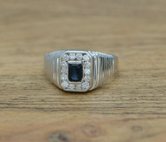 14K Man's WG Emerald Cut Sapphire and Diamond Rin… - image 2