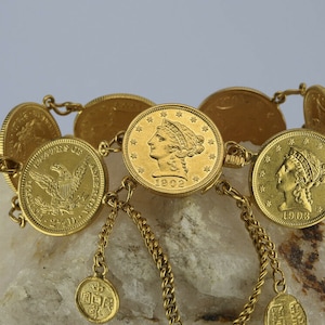 Vintage 24K Chinese Coin Bracelet, Made with US Liberty Head 2.50 Dollar Gold Coins