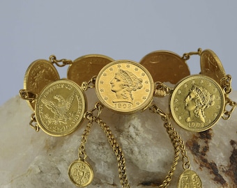 Vintage 24K Chinese Coin Bracelet, Made with US Liberty Head 2.50 Dollar Gold Coins