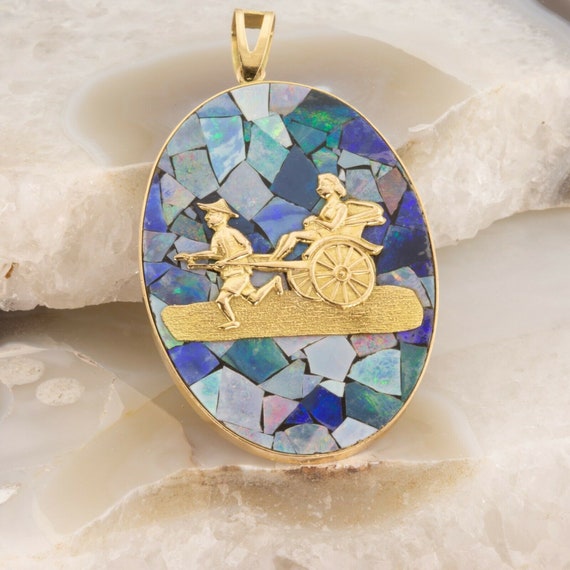 14K Yellow Gold Mosaic Opal Chinese Theme Pendant… - image 1