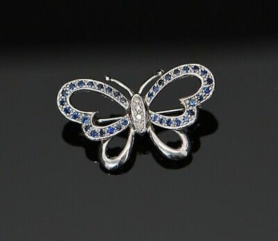 14K White Gold Diamond and Sapphire Butterfly Pin… - image 1