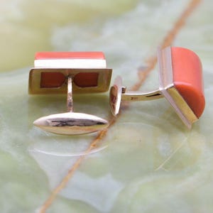 18K YG Coral Cabochon Cufflinks, Coral is set in a Gold Band, Circa 1960&#39;s