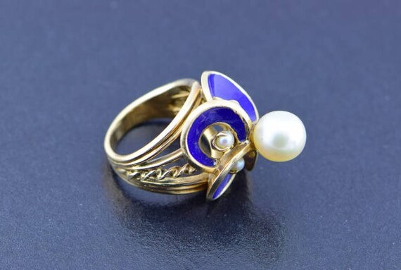 14K Yellow Gold  Pearl and Enamel Ring, Size 5.5 - image 3