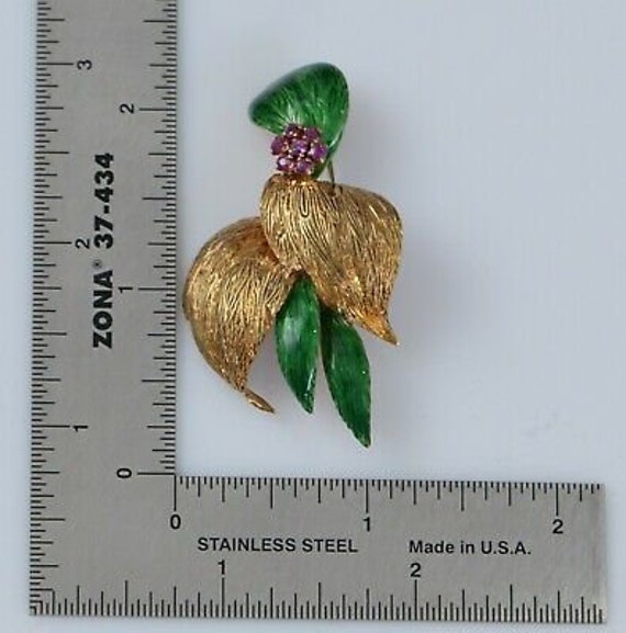 18K Yellow Gold Ruby and Enamel Floral Pin, Circa… - image 8