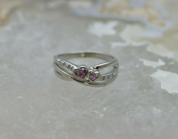 10K WG Pink Sapphire and Diamond Chip Hearts Ring… - image 1