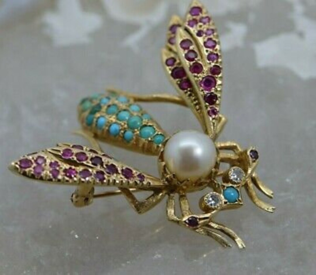 14K Yellow Gold Bee Pin With Pearl Turquoise Ruby & Diamonds