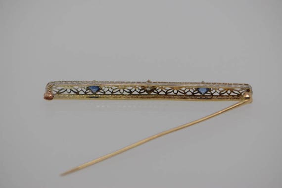 14K Yellow & White Gold Filigree Bar Pin with Sap… - image 2