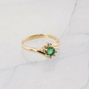 14K Yellow Gold Emerald and Diamond Bypass Ring Size 5.5