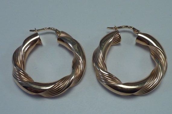 14K Yellow Gold Twisted Hoop Earrings 1-1/4" Diam… - image 2