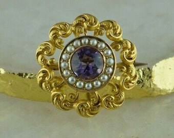 Antique 14K Yellow Gold Amethyst & Seed Pearl Pin Pendant Watch Clip Circa 1900