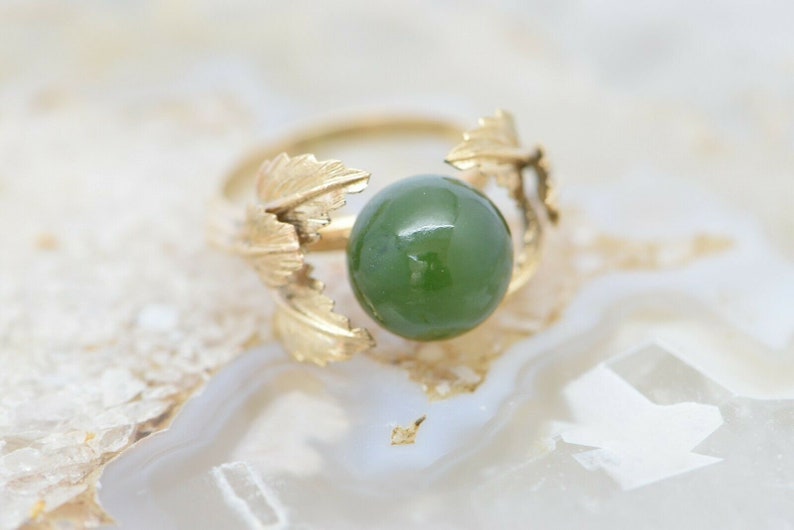 10K Yellow Gold Nephrite Jade Ball Leaf Ring Size 5.5 Circa Etsy