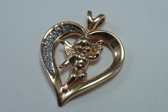 14K Yellow Gold Heart Shaped Pendant with Cupid a… - image 1
