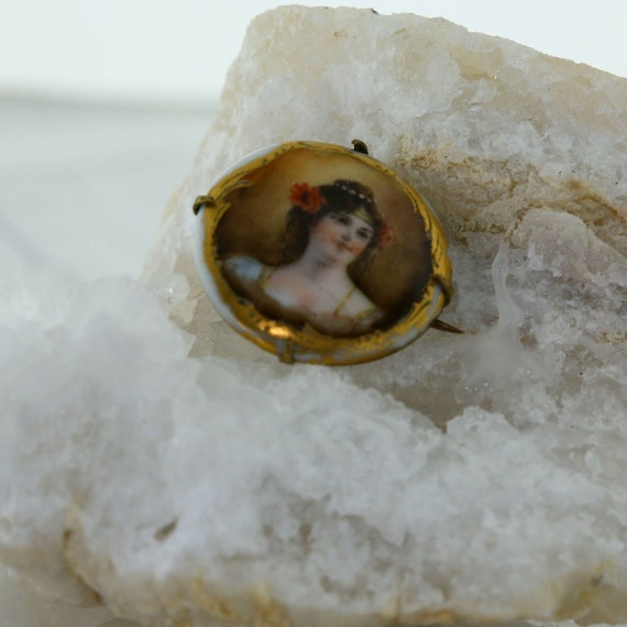 Antique Porcelain Portrait Brooch, Bohemian Lady … - image 1