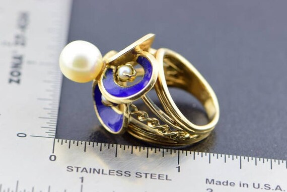 14K Yellow Gold  Pearl and Enamel Ring, Size 5.5 - image 8