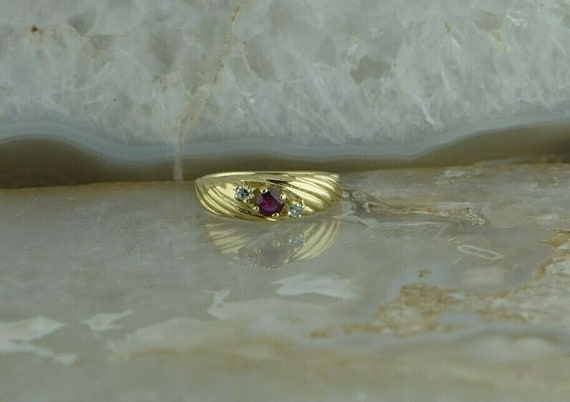 14K Ruby & Diamond Ring Fluted Design Prong Set S… - image 1