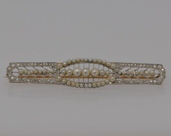 Platinum & 14K Edwardian Bar Pin with Diamonds and Pearls, Circa 1920