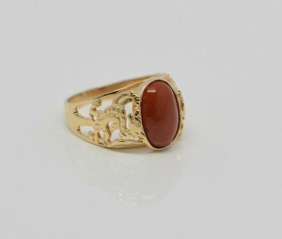 14K YG Red Jade Cabochon Ring, Carved Dragon on E… - image 6