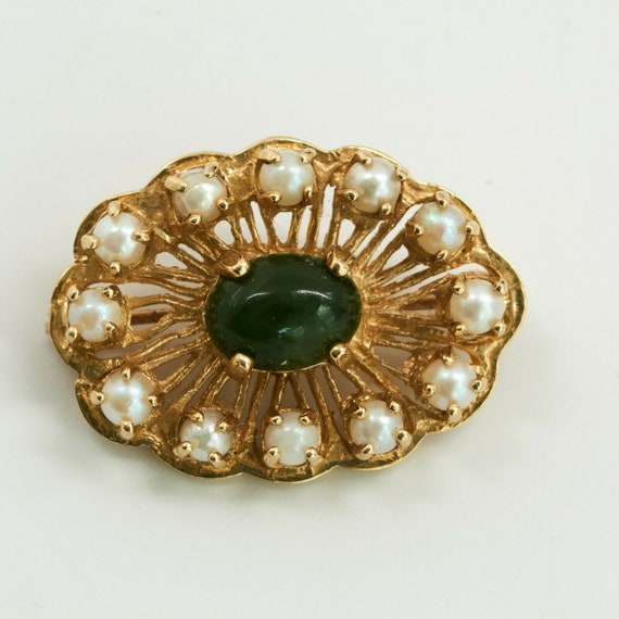 Vintage 14K Yellow Gold Nephrite Jade and Pearl P… - image 1