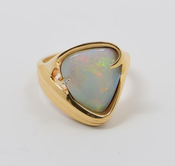 14K Yellow Gold Opal and Diamond Ring Signed "EXC… - image 1