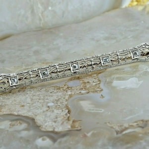 Antique 14K White Gold 1/3 ct Diamond Filigree Bar Pin Circa 1920