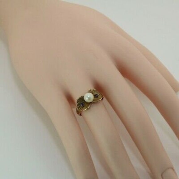 10K Yellow Gold Pearl and Sapphire Ring Size 6.5 - image 5
