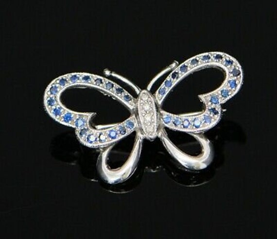 14K White Gold Diamond and Sapphire Butterfly Pin… - image 2