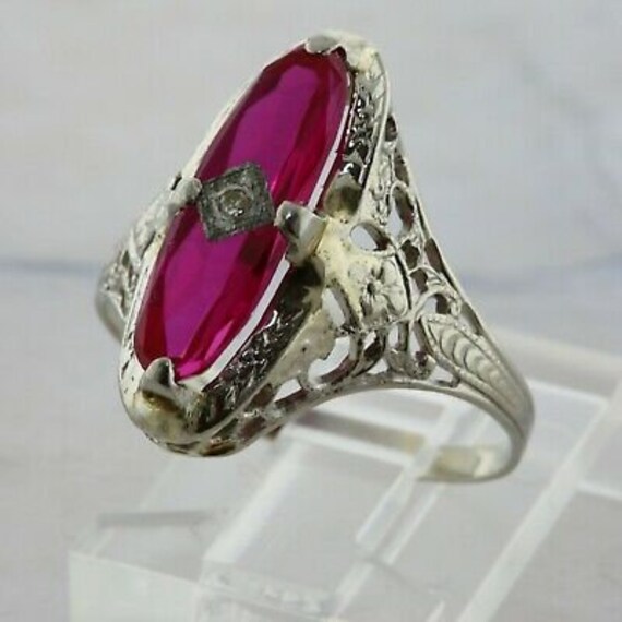 14K WG Deco Synthetic Ruby and Diamond Filigree R… - image 6