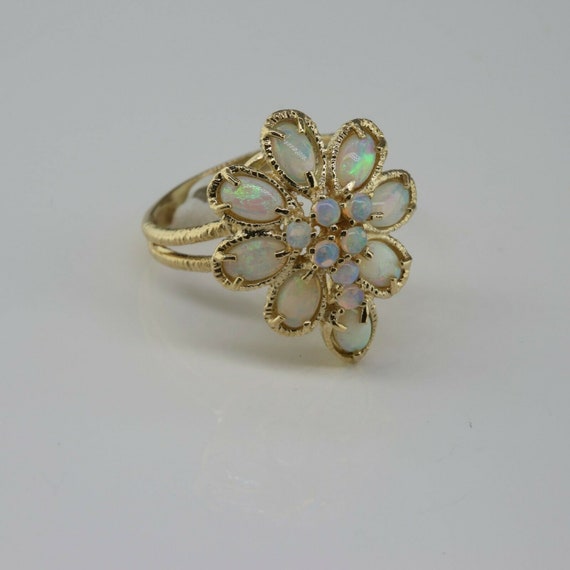 14K Yellow Gold Opal Flower Ring Fine Crystal Opa… - image 3
