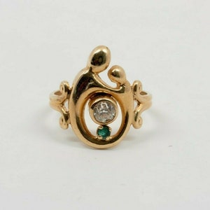 14K YG Mother and Child Ring Diamond Set with Small Emerald Old Mine Cut Diamond