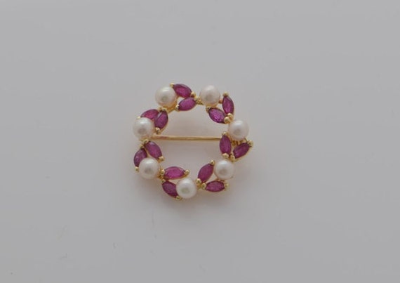 14K Yellow Gold Pearl and Ruby Pin, Circa 1950 - image 1