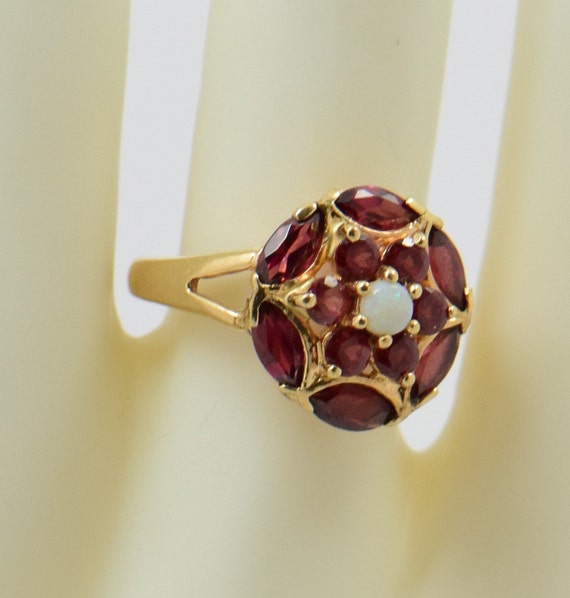 10k Yellow Gold Rhodolite and Opal Rosette Ring, … - image 2