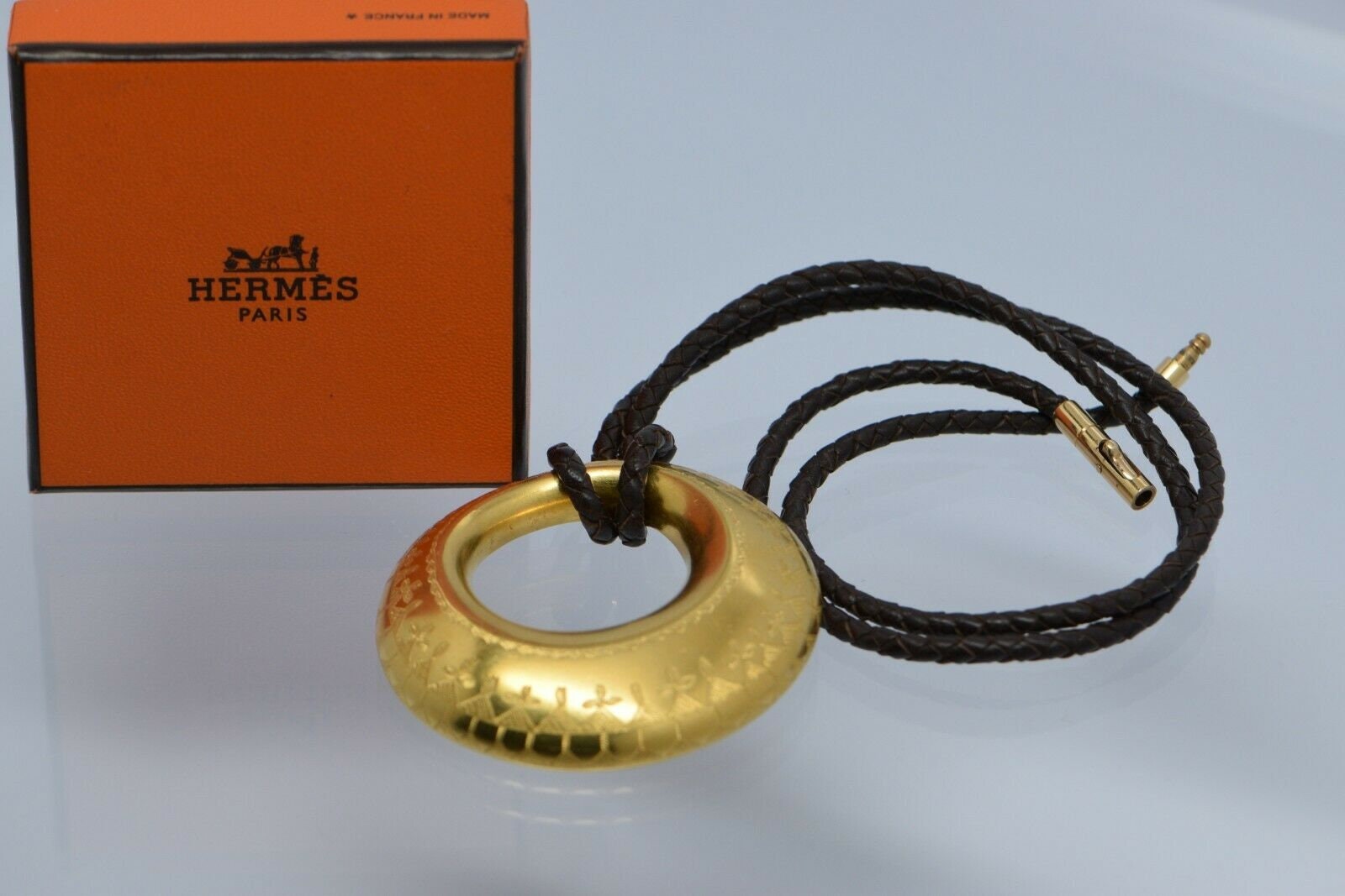 18K YG Vintage HERMES Pendant on Leather Cord With Box - Etsy