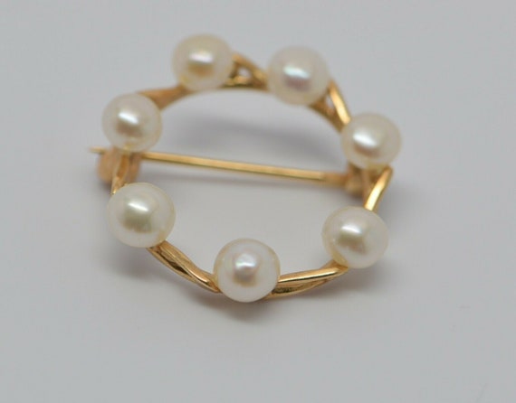 14K Yellow Gold Pearl Set Circle Pin/Brooch, Circ… - image 2