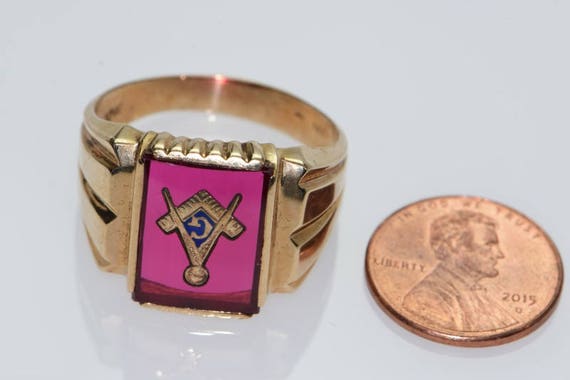 10K YG Masonic with red glass, gold inlaid enamel… - image 5