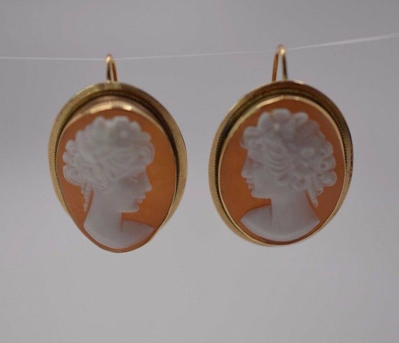 14K Yellow Gold Large Shell Cameo Earrings - image 2