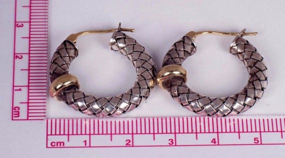 18K Yellow Gold and Sterling Silver Hoop Earrings - image 1
