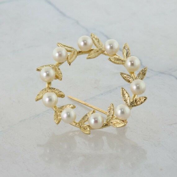 Vintage 14K Yellow Gold Pearl Wreath Pin Circa 19… - image 2