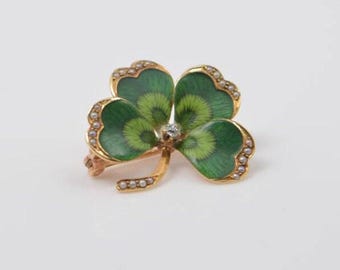 Vintage 10K Yellow Gold Enameled Shamrock Pin with Diamond and Seed Pearls