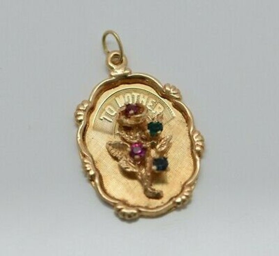 14K YG Mother Charm 4 Stones Pink Green Blue in a… - image 4