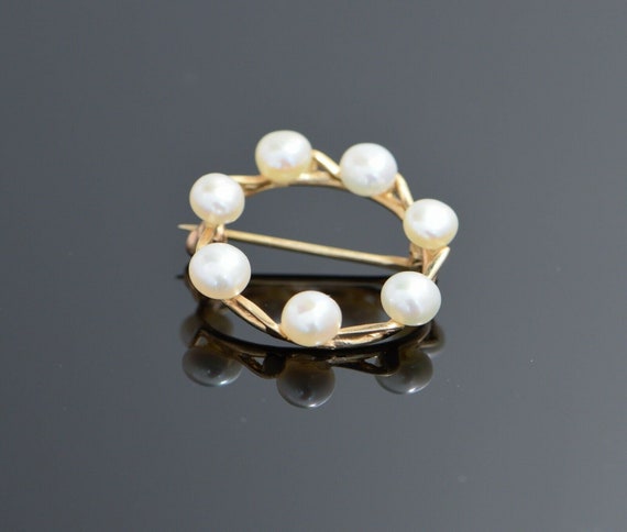 14K Yellow Gold Pearl Set Circle Pin/Brooch, Circ… - image 3