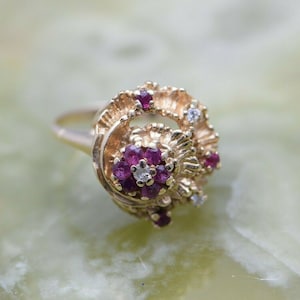 Vintage 1950&#39;s 14K YG Ruby and Diamond Cocktail Ring Size 7