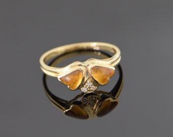 14K Yellow Gold Citrine and Diamond Ring with Carved Hearts Circa 1970, Size 6