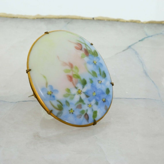 Antique Porcelain Floral Hand Painted Pin Gold Pl… - image 5