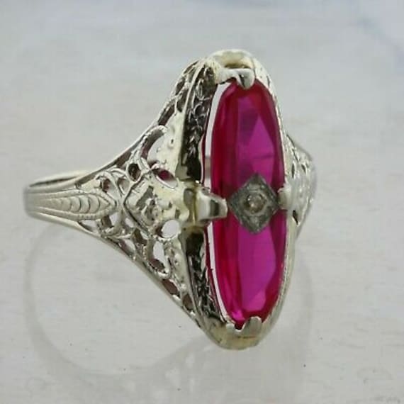 14K WG Deco Synthetic Ruby and Diamond Filigree R… - image 1