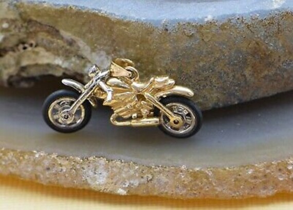 14K White Yellow Gold Motorcycle Pendant Moveable Parts